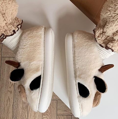 Cute Cow Animal Slippers Women Kawaii Winter Fuzzy Fluffy Cartoon House Slippers Soft Comfy Warm Anti-Slip Home Slipper in Kuwait