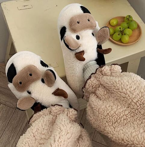 Cute Cow Animal Slippers Women Kawaii Winter Fuzzy Fluffy Cartoon House Slippers Soft Comfy Warm Anti-Slip Home Slipper in Kuwait