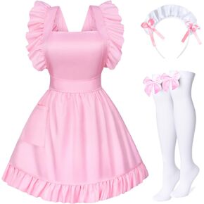 Adjustable Retro Ruffle Maid Costume Apron Pockets With French headdress Socks set