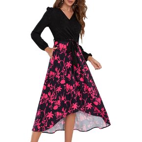JASAMBAC Womens Floral High Low Semi Formal Lantern Long Sleeve Patchwork Flowy Maxi Dresses with Pockets