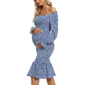 Long Sleeve Puff Maternity Dress Bodycon Ruffe Hem Square Neck Mermaid Baby Shower Dress in Kuwait