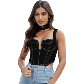 Deep V Neck Sleeveless Corset Corp Top Bustier Y2K Denim Zip Back Coconut Girl Cottagecore Aesthetic for Women in Kuwait