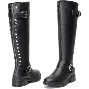 CentroPoint Women's Knee High Boot Fashion Wide Calf Flat Heel Boots Round Toe Back Zipper Buckle Riding Boot With Rivets