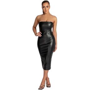 XLLAIS Women Sexy Strapless Tube Top Club Midi Dress Off Shoulder Bodycon Party Faux Leather Dress