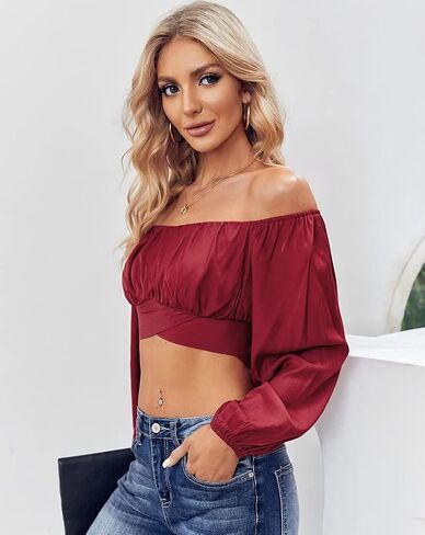 بلوزة MIRACMODA للسيدات بدون أكتاف مكشكشة وربطة عنق خلفية قصيرة صيفية بأكمام واسعة وقميص بوهو in Kuwait