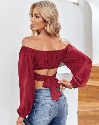 بلوزة MIRACMODA للسيدات بدون أكتاف مكشكشة وربطة عنق خلفية قصيرة صيفية بأكمام واسعة وقميص بوهو in Kuwait