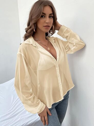 بلوزة نسائية من Verdusa بأزرار شبكية شفافة وأكمام طويلة وكتف منسدل in Kuwait