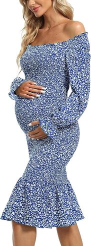 Long Sleeve Puff Maternity Dress Bodycon Ruffe Hem Square Neck Mermaid Baby Shower Dress in Kuwait