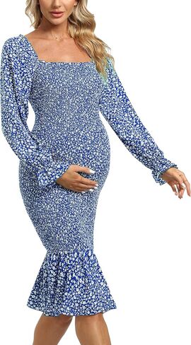 Long Sleeve Puff Maternity Dress Bodycon Ruffe Hem Square Neck Mermaid Baby Shower Dress in Kuwait