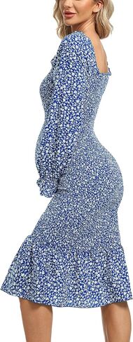 Long Sleeve Puff Maternity Dress Bodycon Ruffe Hem Square Neck Mermaid Baby Shower Dress in Kuwait