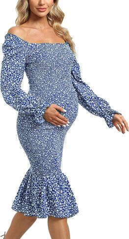 Long Sleeve Puff Maternity Dress Bodycon Ruffe Hem Square Neck Mermaid Baby Shower Dress in Kuwait