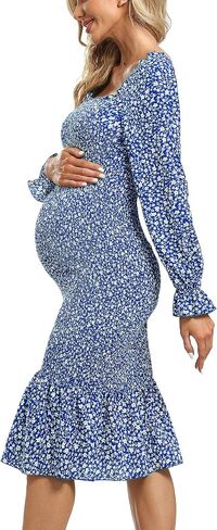 Long Sleeve Puff Maternity Dress Bodycon Ruffe Hem Square Neck Mermaid Baby Shower Dress in Kuwait