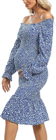 Long Sleeve Puff Maternity Dress Bodycon Ruffe Hem Square Neck Mermaid Baby Shower Dress in Kuwait