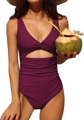 Charmo Womens One Piece Swimsuit Ruched Tummy Control High Cut Backless V Neck Bathing Suits Swimwear in Kuwait