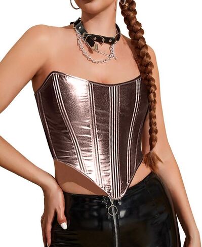 Dreay Corset Tops for Women Metallic Leather Corset Top Y2K Sexy Strapless Bustier Bodyshaper in Kuwait
