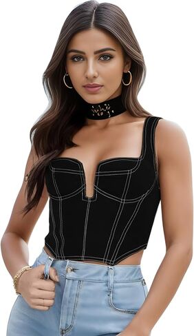 Deep V Neck Sleeveless Corset Corp Top Bustier Y2K Denim Zip Back Coconut Girl Cottagecore Aesthetic for Women in Kuwait