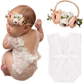 SPOKKI Newborn Baby Cute Lace Rompers Photography Props with Flower Headband Vest Floral Classic Outfits