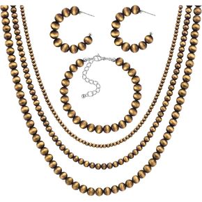 FIRAZIO 3 مجموعة نافاجو اللؤلؤ قلادة المجوهرات الغربية للنساء بما في ذلك راعية البقر خمر متعدد الطبقات حبة اللؤلؤ قلادة نافاجو نمط القرط والأساور in Kuwait