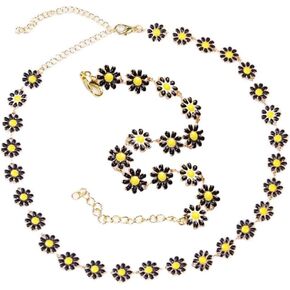Daisy Flower Necklace Bracelet for Women Bohemian Enamel Daisy Choker Necklace Bracelet Handmade Gold Daisy Spring Sunflower Daisy Bracelet for Women Girls Party Beach Gifts Jewelry Set
