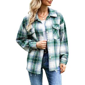 Bozanly Womens Fashion Crop Button Down Flannel Plaid Shirt Shacket Jacket Top Coat