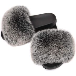 Jancoco Max Real Fox Fur Slides for Women - Furry Slides Fluffy Fur Slippers Open Toe Flat Slides Fur Sandals Outdoor in Saudi Arabia