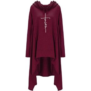 Rfecccy Faith Print Long Sleeve Loose Casual Pullovers Irregular Hem Long Hoodies for Women