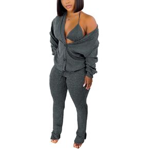 imbpceu Women's Sexy 3 Piece Outfits Button Front Cardigan Triangle Bra Drawstring Split Hem Pants Sets With Pocket
