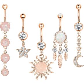 Drperfect 14G Belly Button Rings Dangle with Opal Feather Sun Moon Star for Women Belly Rings Navel Rings 316L Surgical Steel Belly Navel Piercing Jewelry