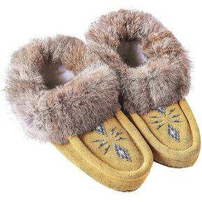 Women Moccasins Indoor Slippers of Soft Sole Fleece Lined Rabbit Fur Trim in Kuwait