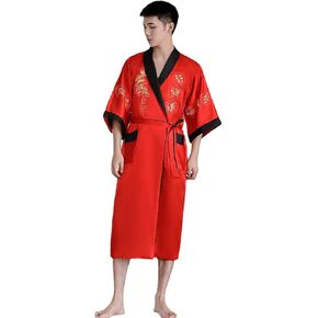 EXPOING Robe for Men Dragon Embroidered Silk Satin Yukata Pajamas Kimono Bathrobe Sleepwear Night Gown