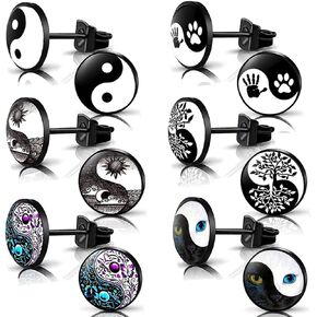 YCL & TXL 6 أزواج من الفولاذ المقاوم للصدأ يين ويانغ نمط أقراط للرجال أسود مجموعة أقراط مستديرة للنساء 10 مللي متر in Kuwait