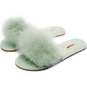 FAYUEKEY Women Fur Sexy Slippers Spring Summer Fluffy Soft Cute PU Comfy Slides Sandals Indoor Outdoor Flats Shoes