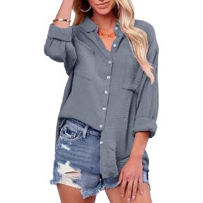 Saudacdn Women Button Down Shirts V Neck Blouse Long Roll Up Cuffed Sleeve Pocket Casual Boyfriend Cotton Tops