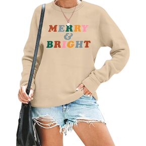 MOUSYA Christmas T-Shirt Women Merry Bright Colorful Letter Printed Sweatshirt Casual Long Sleeve Round Neck Pullover Tops