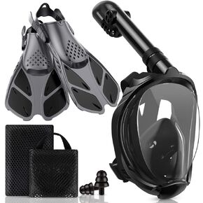 Mask Fins Snorkeling Gear for Adults, Full Face Snorkel Mask & Adjustable Swim Fins Snorkel Set, Panoramic View Snorkel Mask Dry Top System Anti-Fog Anti-Leak