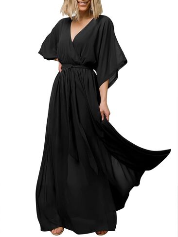 ANRABESS Women's Maxi Dresses Kimono Summer Beach Dress Short Sleeve Elastic Waist Split Party Dress 487hei-XXL Black in Saudi Arabia