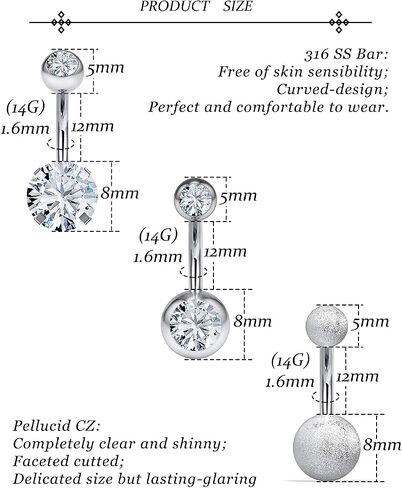 Vsnnsns 14G Belly Button Rings Belly Rings for Women Stainless Steel Belly Button Piercing Jewelry Belly Bars Curved Navel Ring Barbell Body Jewelry Piercing for Women Men 8MM-14MM 6Pcs in Saudi Arabia