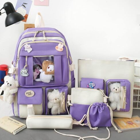 LIK EPOCH Kawaii Backpack 5Pcs Set Aesthetic Backpack 17in Preppy Backpacks with Badge&Pendant,Shoulder Bag,Pencil Box,Tote Bag,Lucky Bag(Blue) in Saudi Arabia