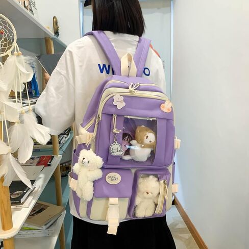 LIK EPOCH Kawaii Backpack 5Pcs Set Aesthetic Backpack 17in Preppy Backpacks with Badge&Pendant,Shoulder Bag,Pencil Box,Tote Bag,Lucky Bag(Blue) in Saudi Arabia