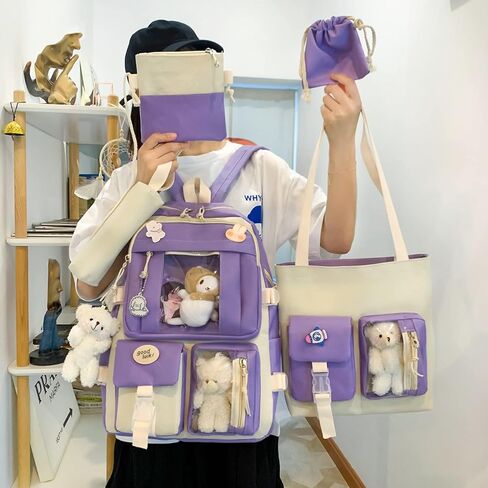 LIK EPOCH Kawaii Backpack 5Pcs Set Aesthetic Backpack 17in Preppy Backpacks with Badge&Pendant,Shoulder Bag,Pencil Box,Tote Bag,Lucky Bag(Blue) in Saudi Arabia