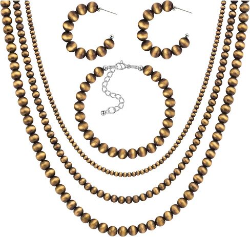 FIRAZIO 3 مجموعة نافاجو اللؤلؤ قلادة المجوهرات الغربية للنساء بما في ذلك راعية البقر خمر متعدد الطبقات حبة اللؤلؤ قلادة نافاجو نمط القرط والأساور in Kuwait