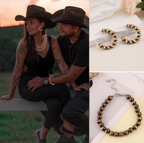 FIRAZIO 3 مجموعة نافاجو اللؤلؤ قلادة المجوهرات الغربية للنساء بما في ذلك راعية البقر خمر متعدد الطبقات حبة اللؤلؤ قلادة نافاجو نمط القرط والأساور in Kuwait