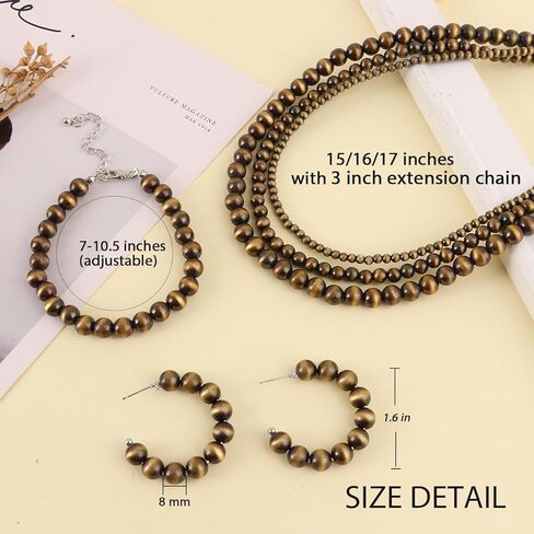 FIRAZIO 3 مجموعة نافاجو اللؤلؤ قلادة المجوهرات الغربية للنساء بما في ذلك راعية البقر خمر متعدد الطبقات حبة اللؤلؤ قلادة نافاجو نمط القرط والأساور in Kuwait