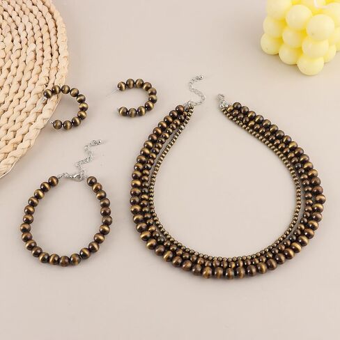 FIRAZIO 3 مجموعة نافاجو اللؤلؤ قلادة المجوهرات الغربية للنساء بما في ذلك راعية البقر خمر متعدد الطبقات حبة اللؤلؤ قلادة نافاجو نمط القرط والأساور in Kuwait