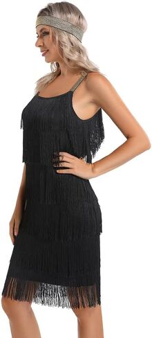 Women's Great Gatsby Flapper Spaghetti Tassel Dress with Headband, 20s Elegant Mini Dress Party Accessory COSTUME OUTFIT (S, Black) in Saudi Arabia