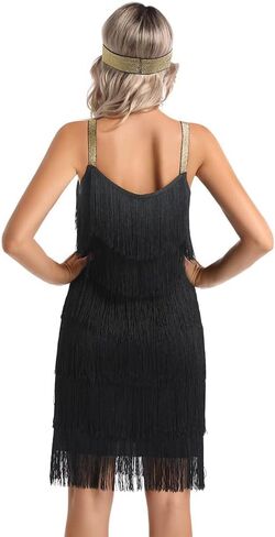 Women's Great Gatsby Flapper Spaghetti Tassel Dress with Headband, 20s Elegant Mini Dress Party Accessory COSTUME OUTFIT (S, Black) in Saudi Arabia