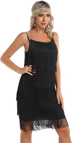 Women's Great Gatsby Flapper Spaghetti Tassel Dress with Headband, 20s Elegant Mini Dress Party Accessory COSTUME OUTFIT (S, Black) in Saudi Arabia