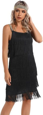 Women's Great Gatsby Flapper Spaghetti Tassel Dress with Headband, 20s Elegant Mini Dress Party Accessory COSTUME OUTFIT (S, Black) in Saudi Arabia