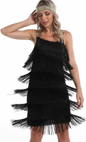 Women's Great Gatsby Flapper Spaghetti Tassel Dress with Headband, 20s Elegant Mini Dress Party Accessory COSTUME OUTFIT (S, Black) in Saudi Arabia