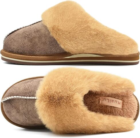 KuaiLu Womens Fuzzy Memory Foam Slippers Warm House Shoes Arch Support | Ladies Cozy Slip On Plush Faux Fur Lined Slippers Winter Indoor Outdoor House Shoes with Durable Hard Rubber Sole in Saudi Arabia